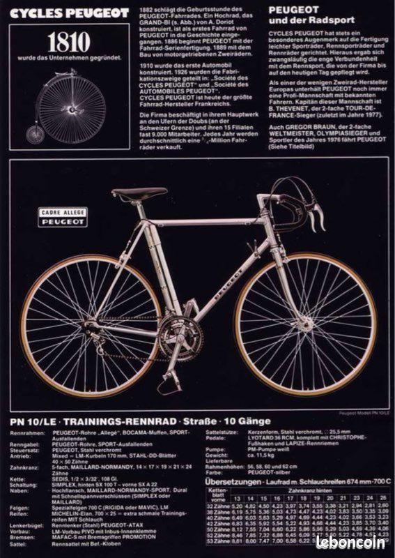 Vélo De Course Vintage Peugeot PY10C Nacre - Cadre 56 Cm - Année 1977 - Occasion