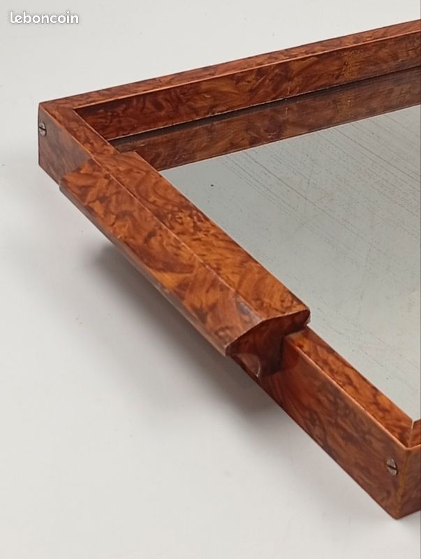 Plateau Vintage Avec Miroir Et Poignée En Bois - Déco Ancienne