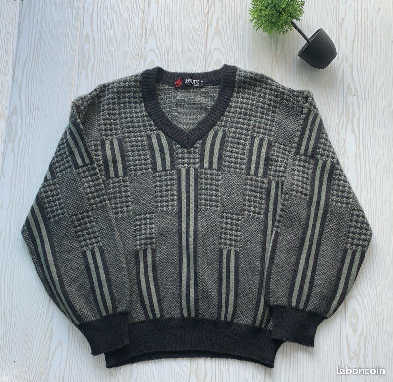 Pull Vintage Col V Laine Maille Géométrique Vert Kaki / Taille M (image 1)