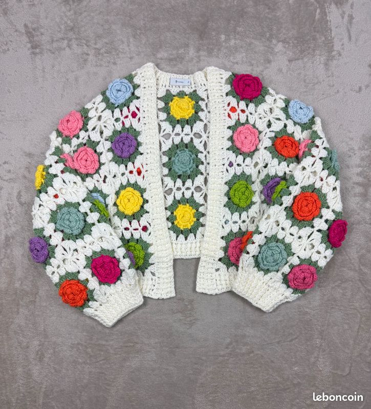 Gilet Cardigan Femme Vert Brodé Fleurs - Alain Manoukian Taille 40 - Style Balkan Roumain - Occasion Très Bon État