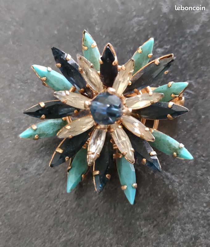 Broche Vintage Plaquée Or Avec Perles Turquoise - Ancienne, Superbe Et Grande, Modèle 3379