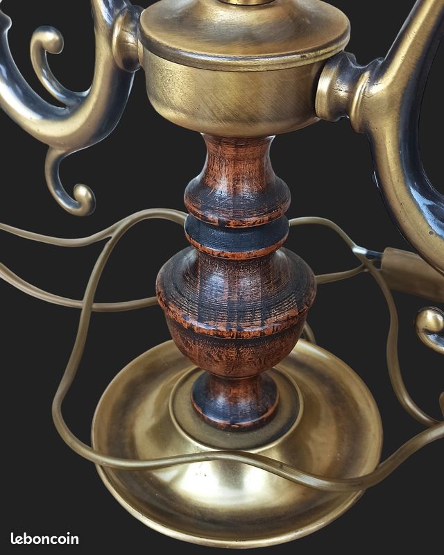 Ancienne et très belle lampe bouillotte Vintage Vacman France laiton & bois tourné 76 cm (image 3)