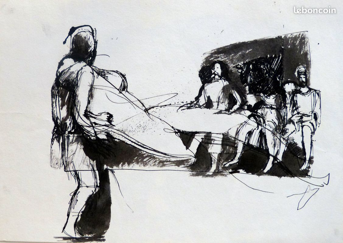 Aux urgences - dessin réaliste hopital art original encre de chine en direct de l'artiste Frédéric Belaubre (image 1)