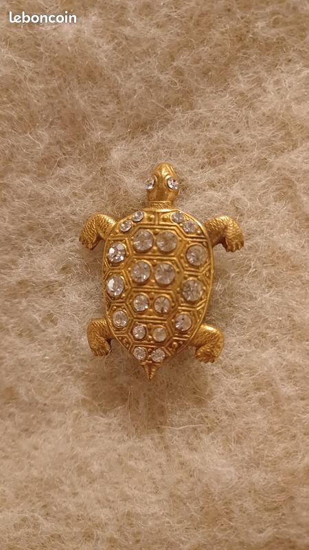 Broche Vintage Tortue - Métal Doré Et Strass (verre) - Occasion - Bijou Ancien