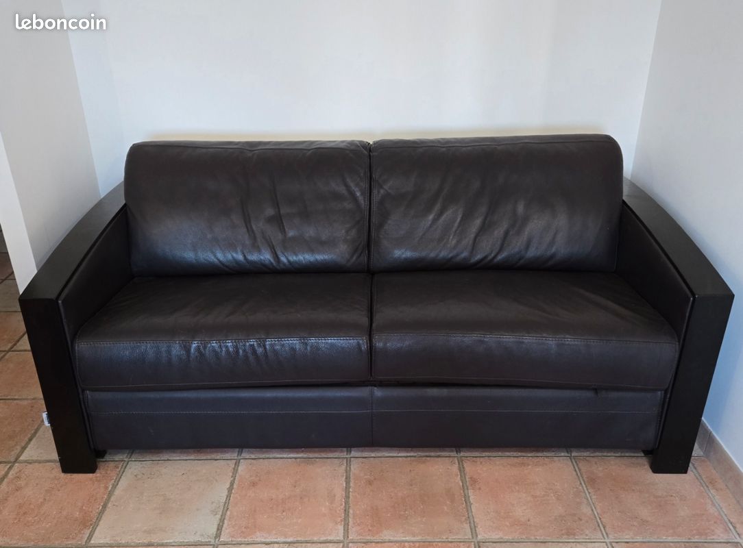 CANAPÉ CONVERTIBLE CUIR 2/3 places marque Steiner clic clac 198 cm Très