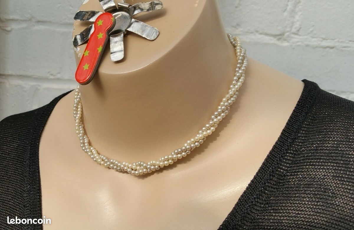 Collier Vintage Ras Du Cou Perles Bleu Blanc - 40 Cm - Neuf Sans Emballage - Bijou Fantaisie