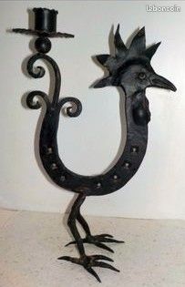 Art Brut Superbe Coq Bougeoir Fer forgé 1950 Style Atelier Marolles Touret (image 2)