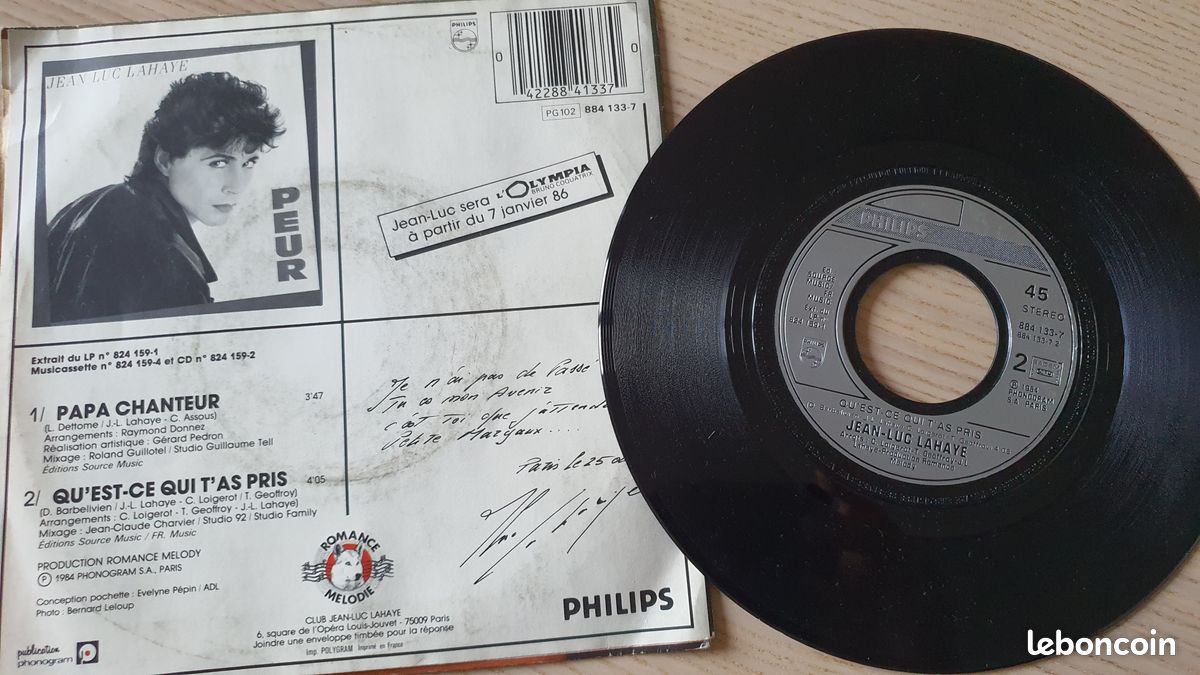 Lot de 3 vinyls 45t/33t - Jean-luc Lahaye - Peur / Papa chanteur (image 3)