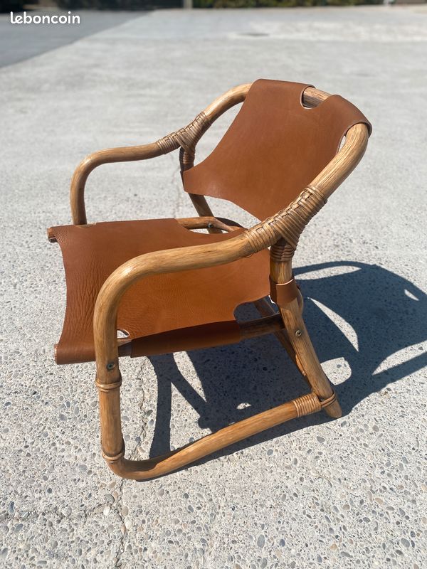 Fauteuil safari mid-century en bambou et cuir, danemark, 1960s (image 4)