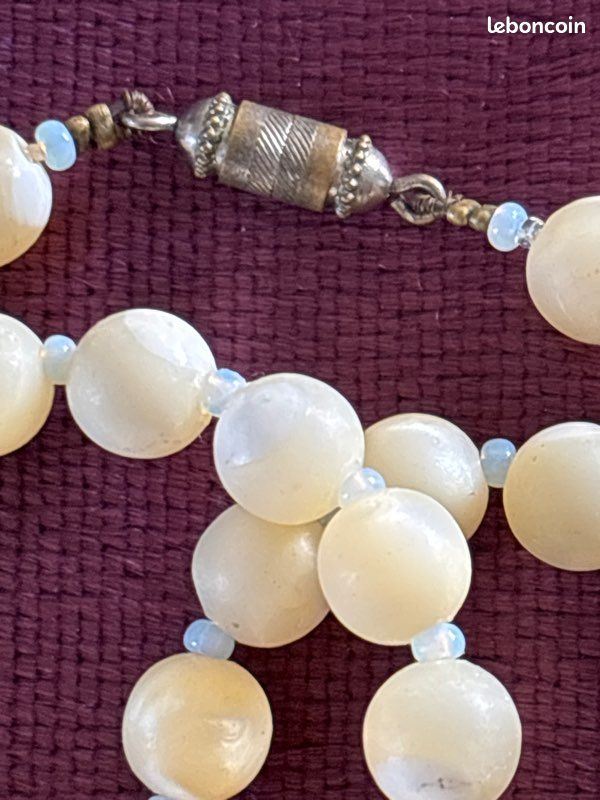Ancien grand collier couleur or 2 rangs perles nacre rose bijou vintage