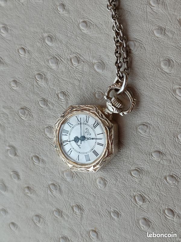 Montre à Gousset Ancienne Feuver Incabloc - Pendentif émaillée Vintage Modèle P1711 - Mécanique Manuelle