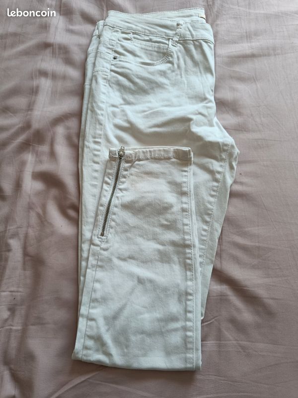 Pantalon Droit Camaïeu En Coton-élasthanne - Taille 36, Couleur écru/blanc Crème - Occasion Très Bon état