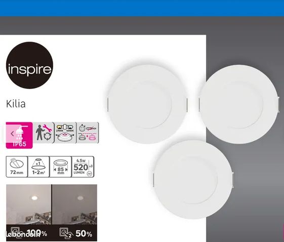 3 spots LED encastré salle de bain IP65 BBC Kilia CCT, rond blanc Inspire - Réf 88659844 (image 1)