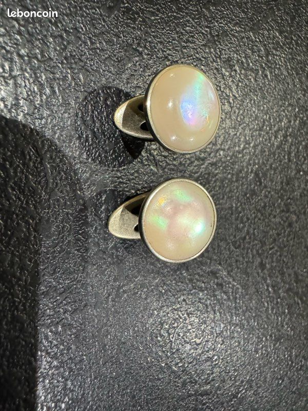 Boutons De Manchettes Anciens – Nacre Et Vieil Or – Bijou Homme Vintage 341