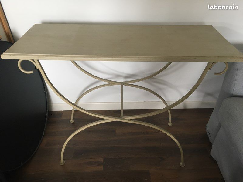 Console plateau bois et pieds fer forgé effet cérusé (image 1)
