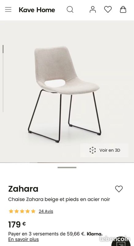 Vends 4 chaises Kave Home neuves - Pieds noirs + dossier en tissu texturé beige avec surpiqûres beiges (image 5)