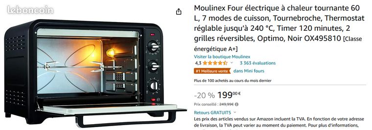 Moulinex Four électrique à chaleur tournante 60 L, 7 modes de cuisson,  Tournebroche, Thermostat réglable jusqu'à 240 °C, Timer 120 minutes, 2  grilles réversibles, Optimo, Noir OX495810 : : Cuisine et Maison