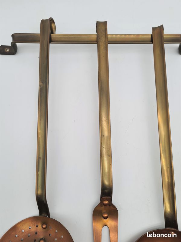 Ustensiles en cuivre et laiton, avec barre support, Déco cuisine Vintage - J38 (image 6)