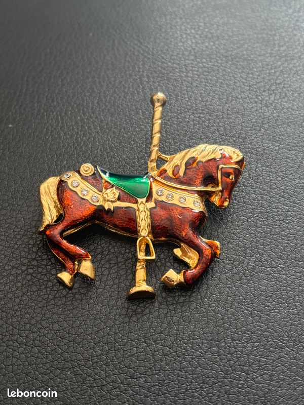 Broche Vintage Jouet Cheval à Bascule - Or émail Vert, Ancienne, Parfait état, Sans Marque