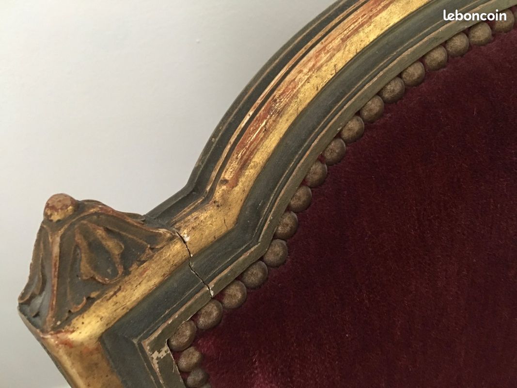 Paire fauteuils anciens patinés dorés 2 bergères Louis XVI tissu velours laine bordeaux Lelièvre (image 12)