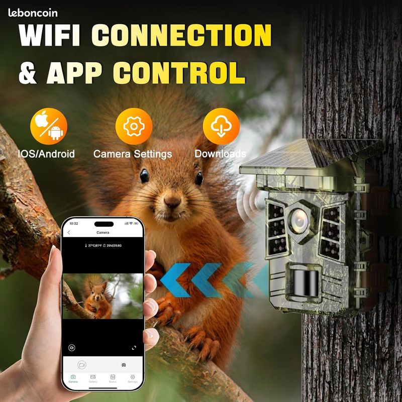 Caméra de Chasse Solaire WiFi 4K 60MP, 0,1s Temps de Déclenchement Activé par Mouvement, Camera Chasse à Batterie Rechargeable intégrée 2600 mAh, Vision Nocturne Infrarouge, Carte 32GB, IP66 (image 5)