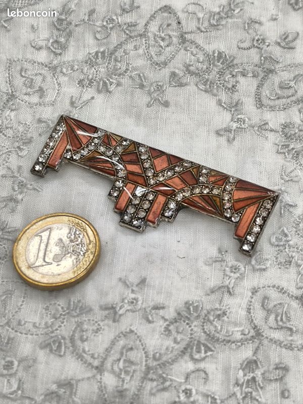 Broche Art Déco En Argent Avec Pierre, Émail & Strass - Véritable Vintage