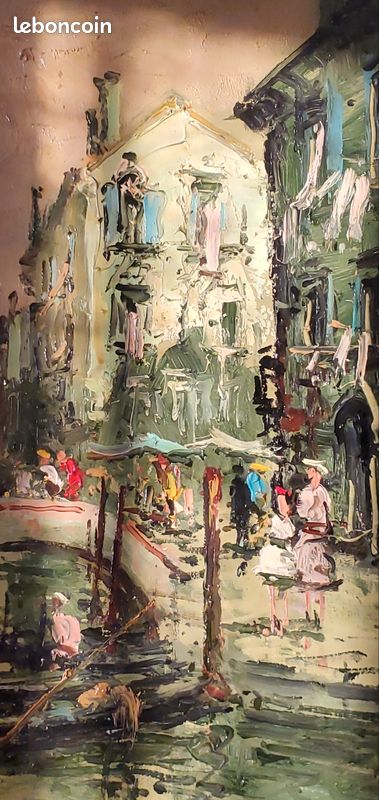 Peinture à L'huile Signée "Canal Et Gondole à Venise" Par Louise De B. - 75 X 56 Cm - Style Expressionniste