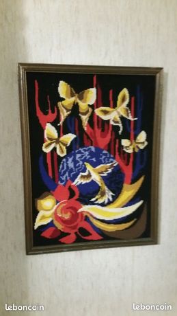 Cadre Vintage Tableau Canevas Oiseaux, Laine Tricot, 52x52x22 Cm