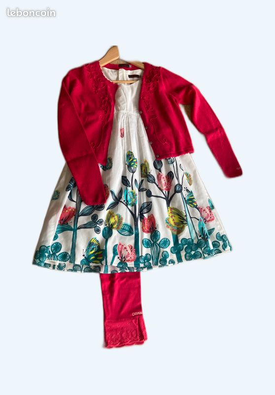 Ensemble Robe Et Gilet Catimini Pour Fille 5 Ans - Style Marinère Et Fleurs - 100% Coton - Occasion En Très Bon état