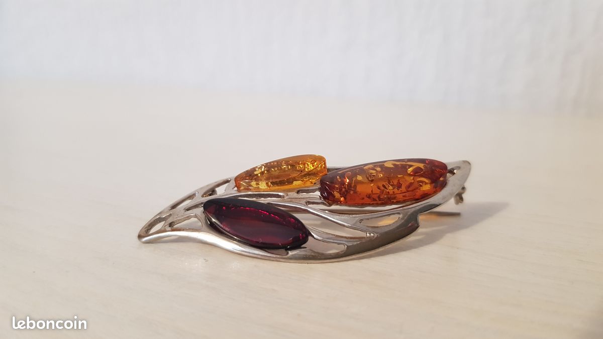 Broche Femme En Argent 925 Et Ambre Naturelle Orange - Bijou Neuf Avec étiquettes