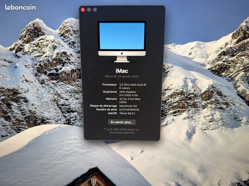 iMac Retina 5K 27 2020 Intel i7 3.8 Ghz 64 Go SSD 1 To Argent