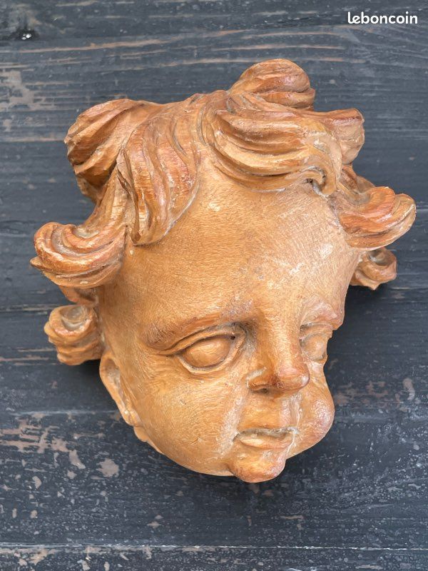 Belle Vieux Figurine En Bois, Ange, Putto Avec Luth, 31cm