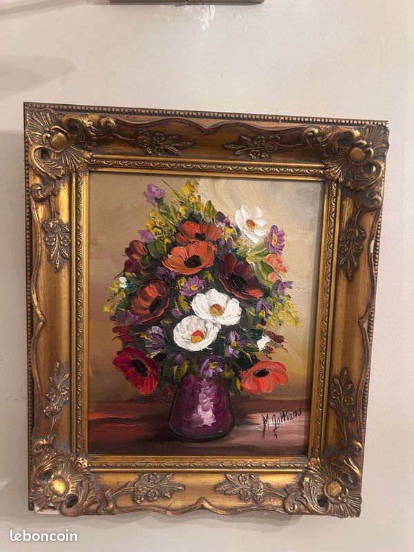 Tableau nature morte – Bouquet de fleurs, huile sur toile signée, cadre sculpté doré (image 1)