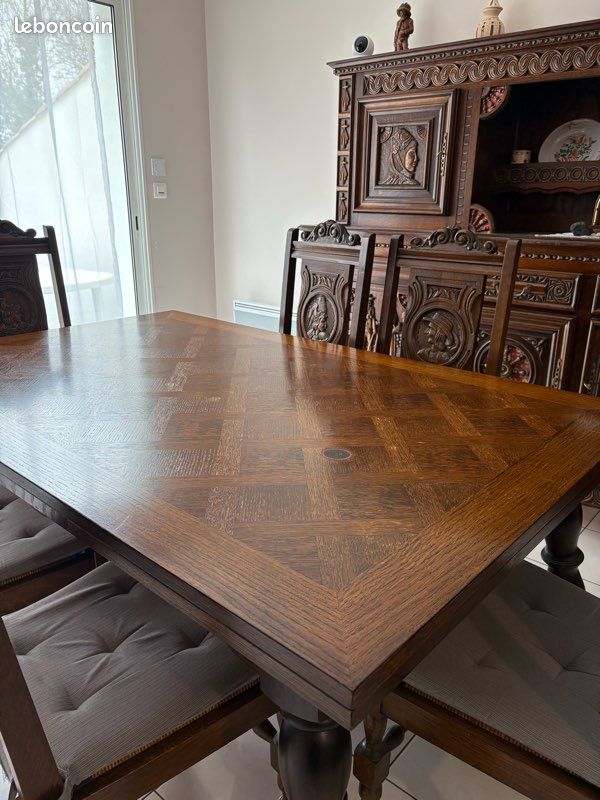Salle à Manger Bretonne Complète En Bois Massif - 8 Pièces (table, Buffet, 6 Chaises)