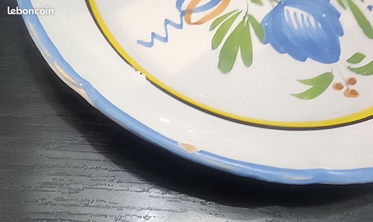 Assiette Décorative Faïence Vintage - Motif Fleur Jaune Et Bleu - Rétro