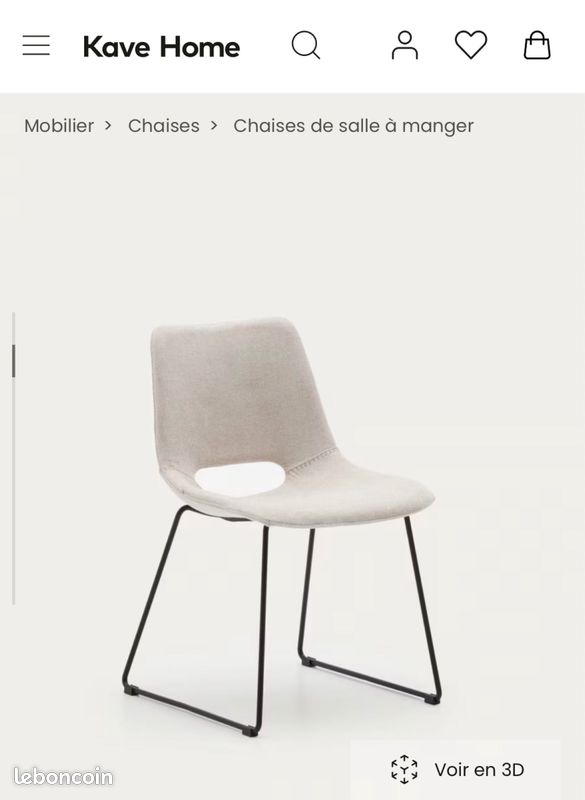 Vends 4 chaises Kave Home neuves - Pieds noirs + dossier en tissu texturé beige avec surpiqûres beiges (image 6)