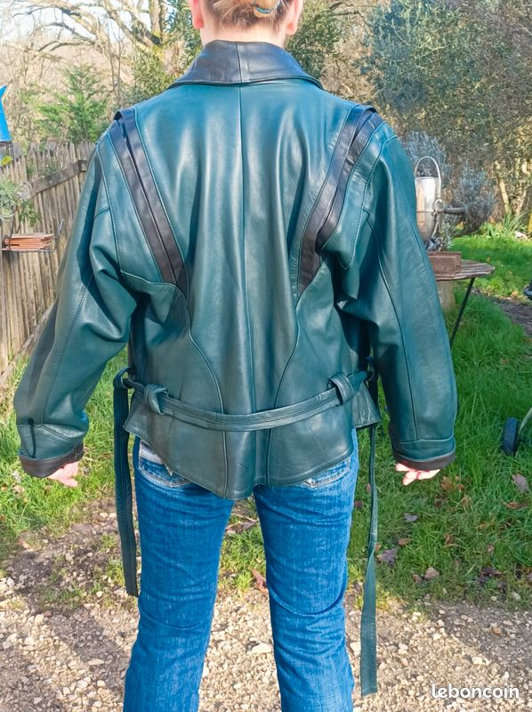 Blouson veste blazer cuir vert noir années 80 cintrée loose oversize ancien vintage (image 5)