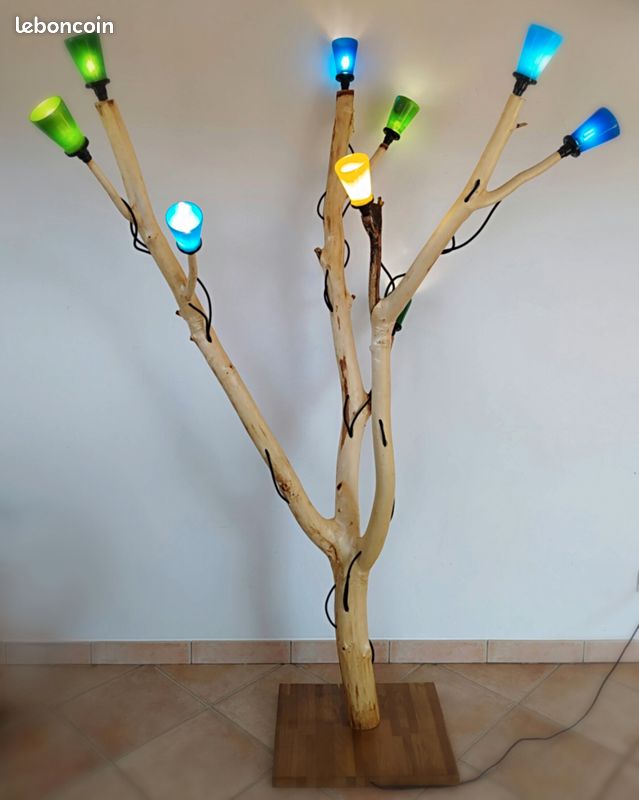 Lampadaire En Bois Flotté, Lampe Sur Pied - Bois Flotté, Chromé - Fabriqué France