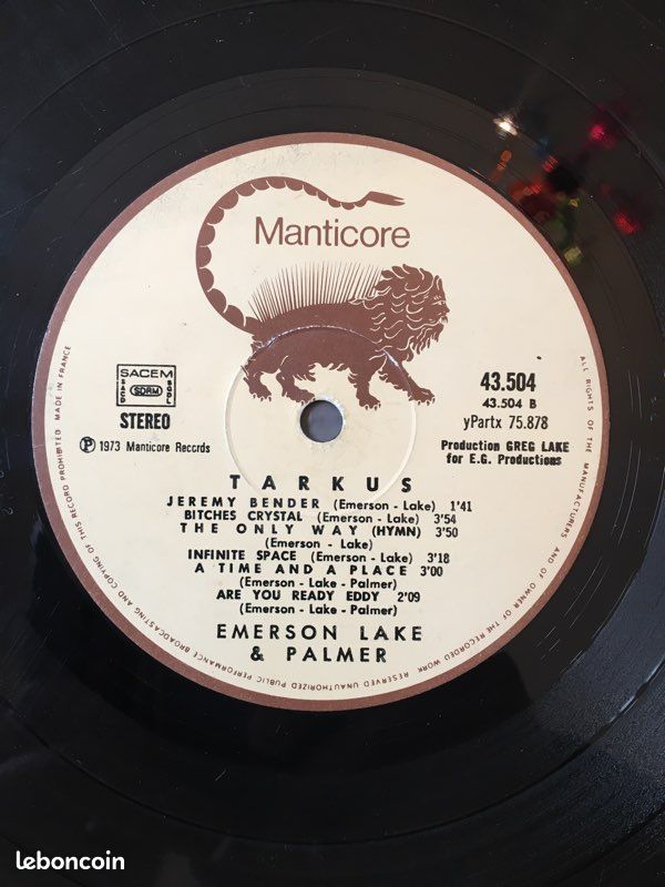 Disque vinyle 33 tours. Emerson Lake & Palmer. Tarkus. Manticore France, 1973. Réf : 43.504. Sans pochette, disque rayé. Prix à débattre. Possibilité d’achat groupé (image 5)