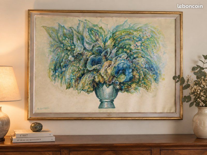 Grand tableau floral signé R. Quibel – Élégante composition décorative (image 1)