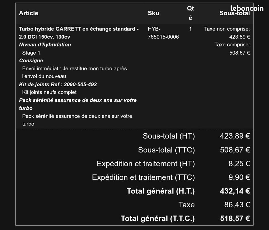 Turbo GARRETT hybride NEUF – 2.0 DCI 150/130 – jamais monté (image 3)