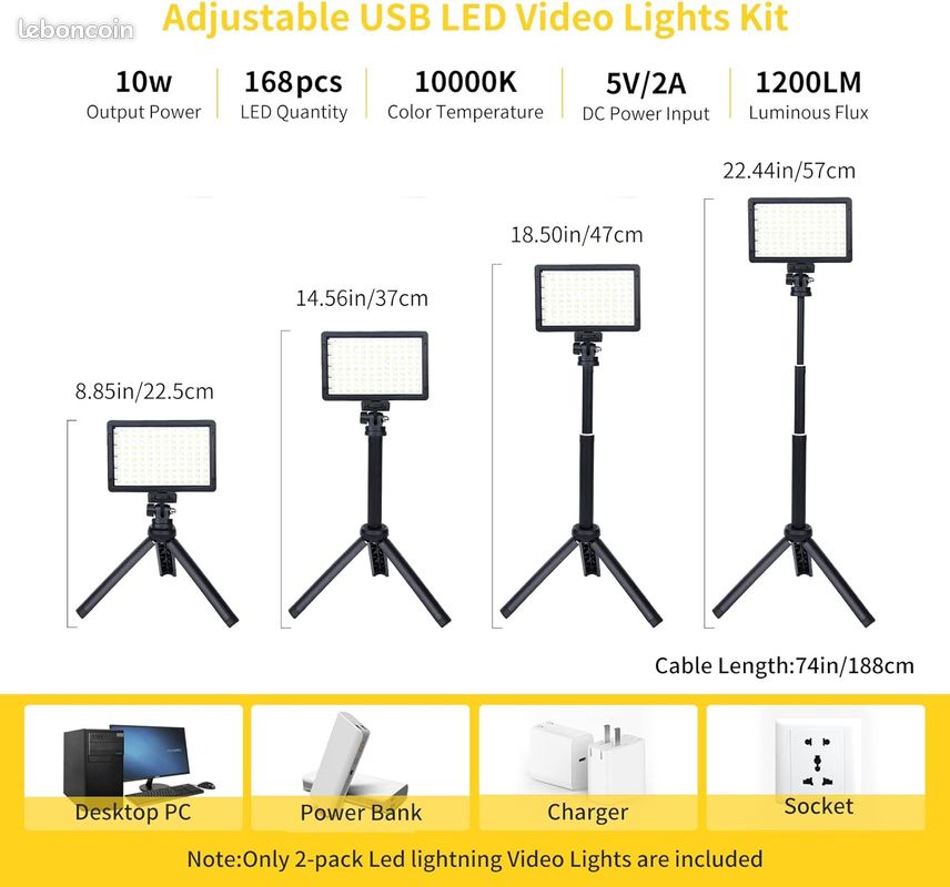 Kit d'éclairage Vidéo à LED, Pack de 2 Eclairages de Photographie avec Trépied Réglable 9 Filtres (image 4)