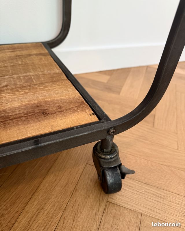 Etagère industriel asymétrique bois métal roulette (image 7)