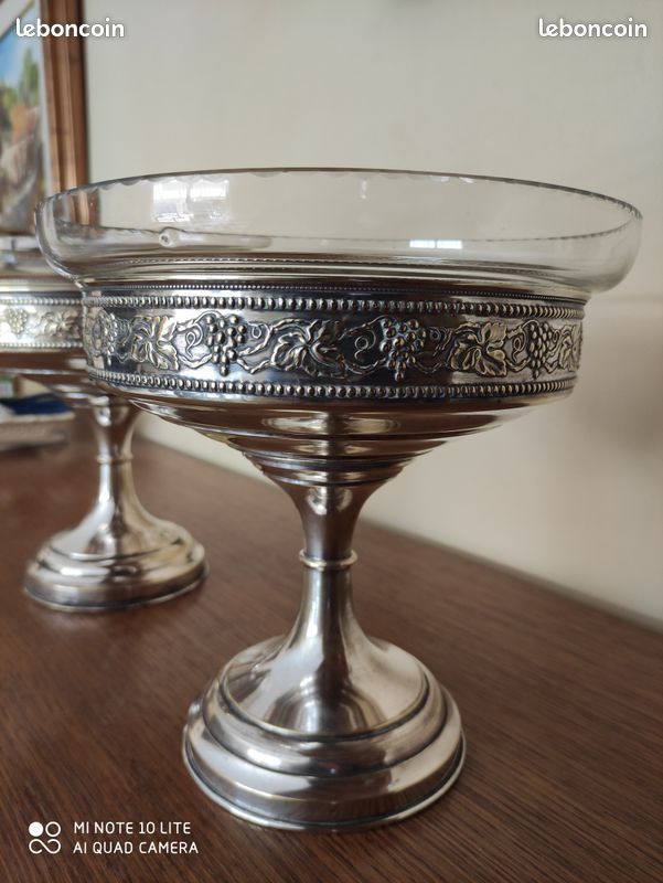 Paire Coupes Art Déco Métal Argenté et Verre Taillé (image 5)