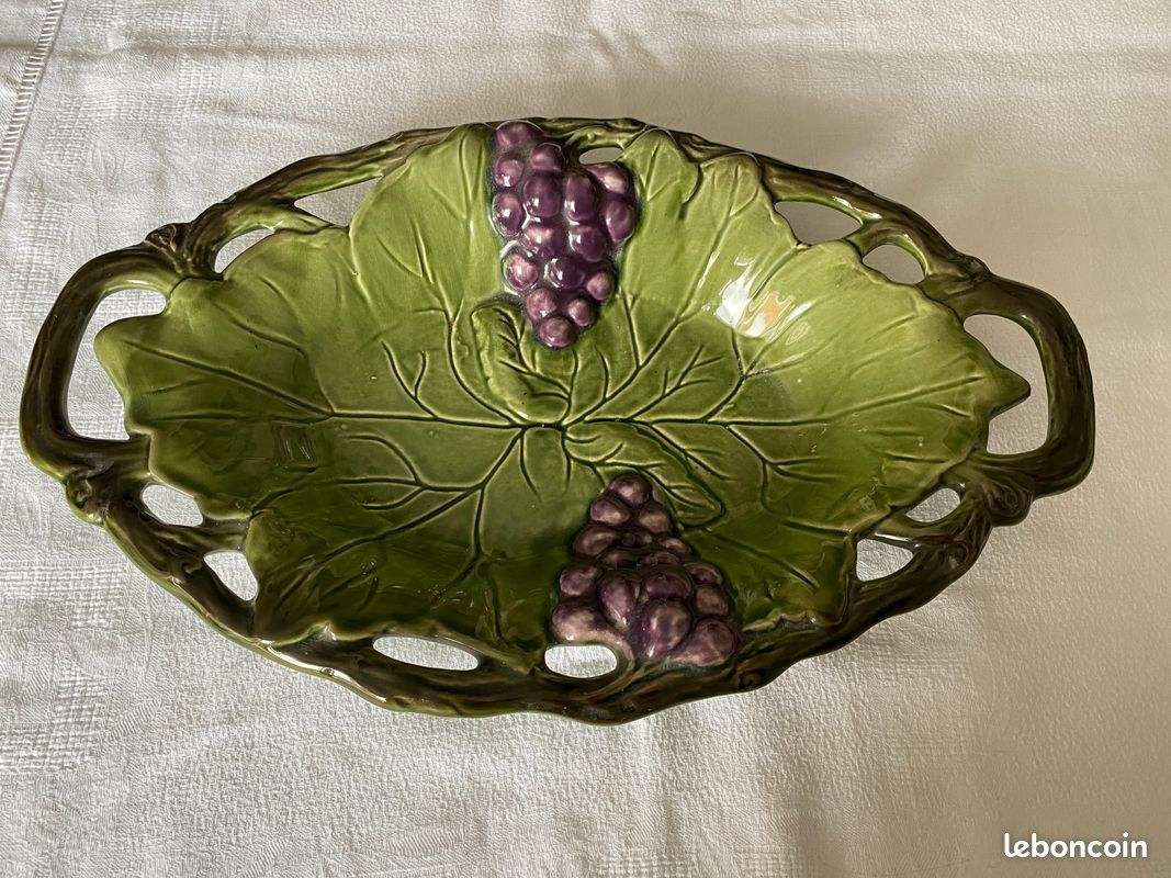 Barbotine égouttoir à Fruits Et Assiette - Feuilles De Vigne Et Raisin Vintage