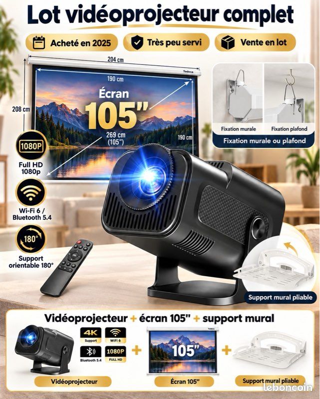 Lot vidéoprojecteur Full HD + écran 105" + support mural (image 1)