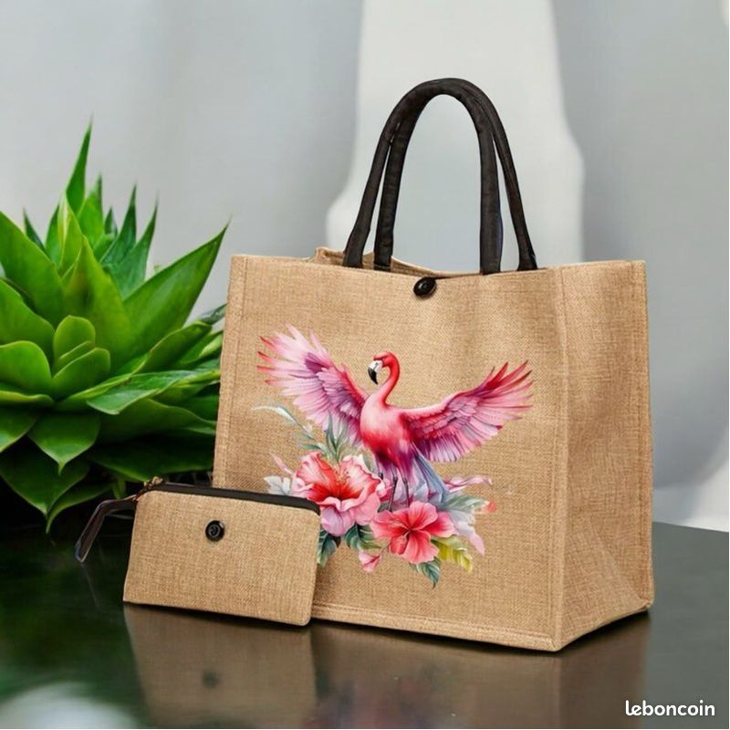 Sac de plage mignon avec imprimé flamant rose avec portefeuille