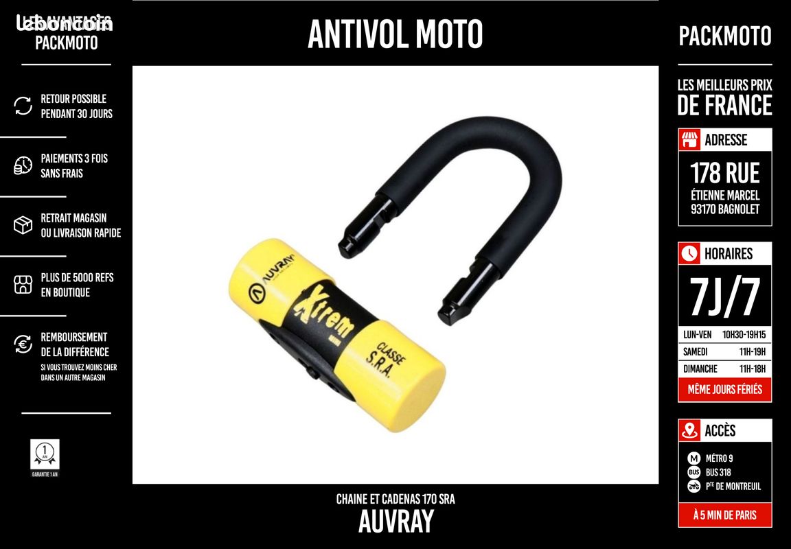 Antivol Chaine + Cadenas Auvray Xtrem 170 SRA - Chaine + Cadenas - NEUF + Garantie (image 3)