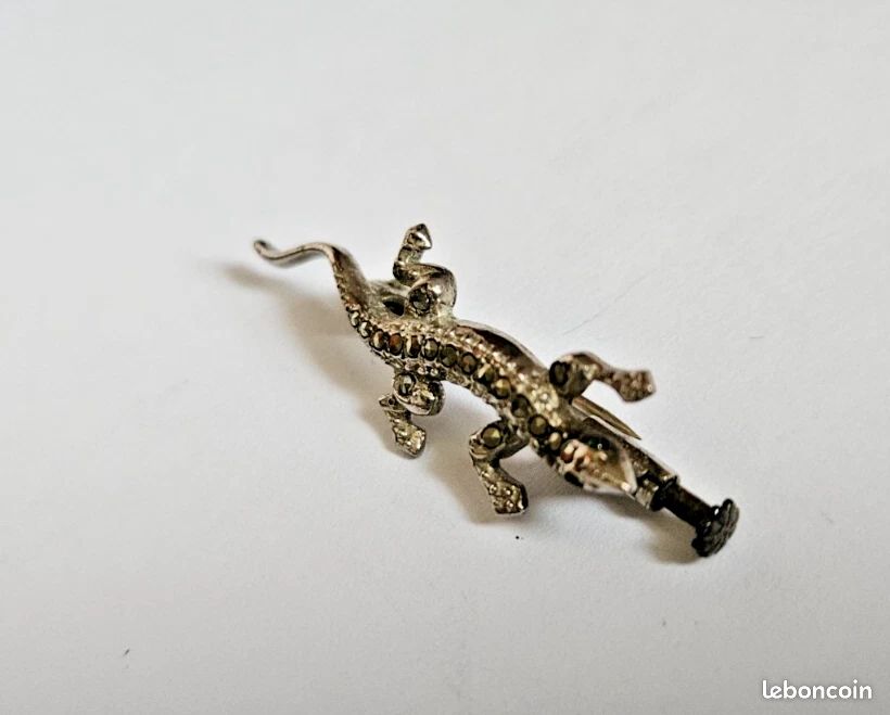 Grande Broche Ancienne En Argent Massif - Motif Crabe Et Marcassites - Bouquet - Occasion Très Bon état