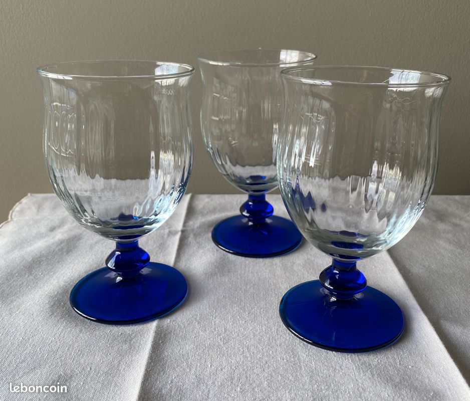 Lot De 6 Verres Vintage Anneau Bleu Cobalt Saphir - Gobelets Eau/vin - Verre